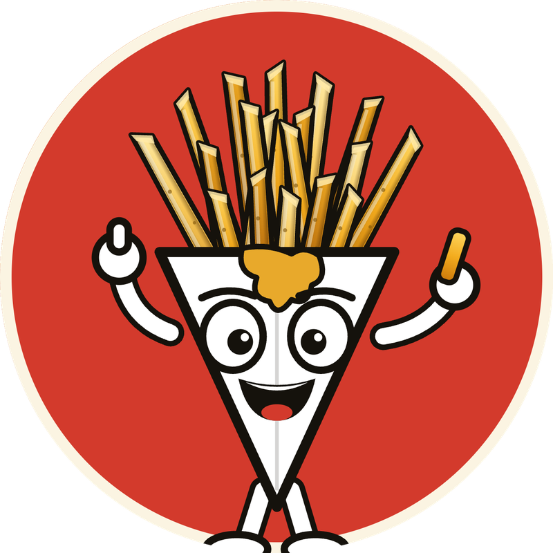 De mascotte van Frituur Max: een vrolijk puntzak-frietje met duimen omhoog